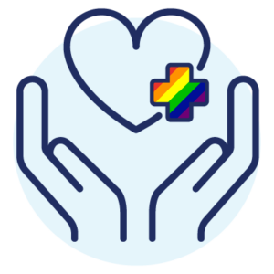 Icon graphic of hands holding a heart with pride colors